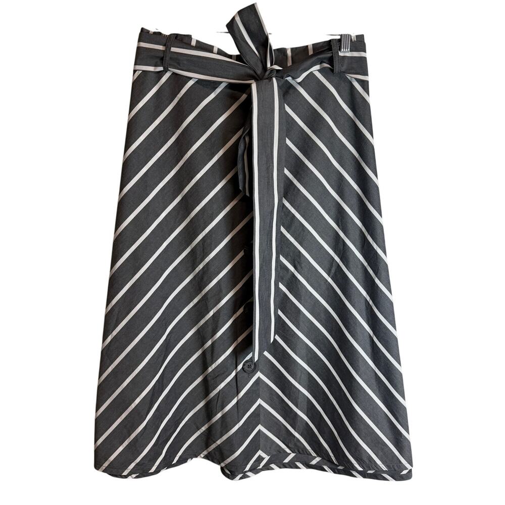 Ava & Viv Plus Black White Striped Midi Skirt Tie Waist Button Front Cotton - Picture 1 of 8